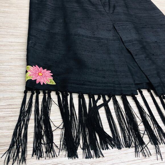 Vintage Maggy L Black Silk Embroidered Fringe Skirt Y2K Romantic Fairygoth - Picture 4 of 16